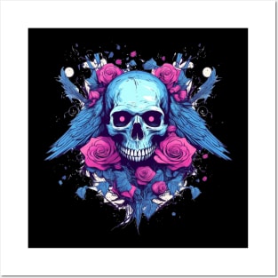 Skull with Wings and Flowers Posters and Art